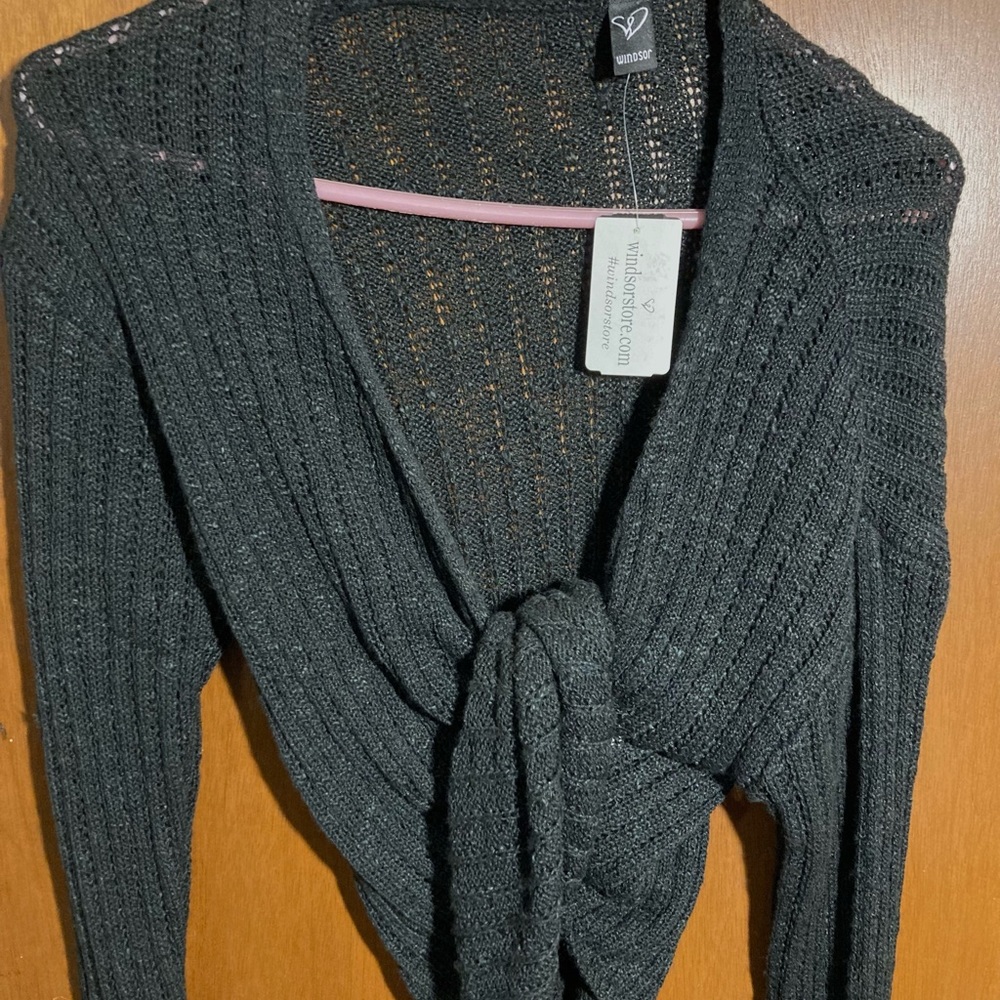 Black Cropped Tie Front Sweater